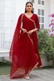 Maroon Women's Poly Silk Hand Work Gown With Dupatta