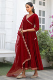 Maroon Women's Poly Silk Hand Work Gown With Dupatta