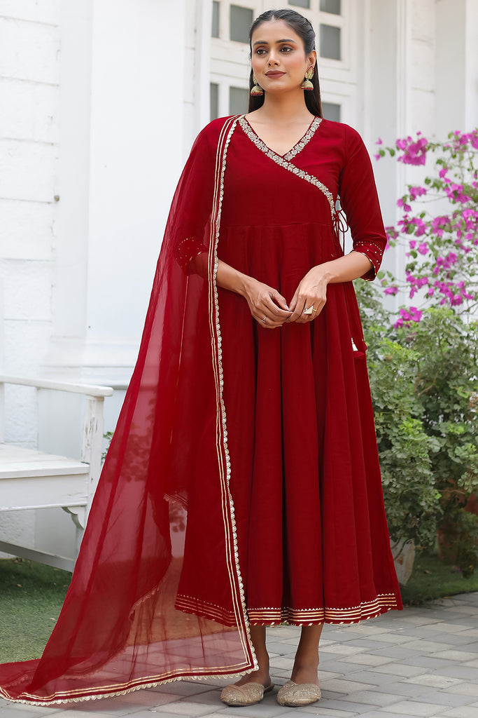 Maroon Poly Silk Hand Work Gown With Dupatta