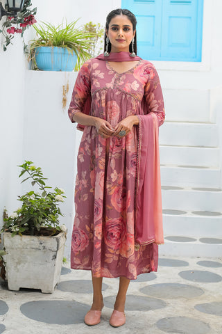 Gajari Pink Viscous Digital Printed Gown With Dupatta