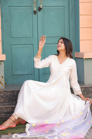 White Poly Silk Embroidered Alia cut  Kurta & Pant With Dupatta