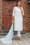 White Poly Silk Embroidered Straight Kurta & Pant With Dupatta