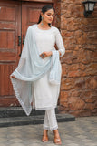 White Poly Silk Embroidered Straight Kurta & Pant With Dupatta