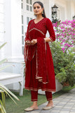 Maroon Poly Silk Embroidered Anarkali Kurta & Pant With Dupatta