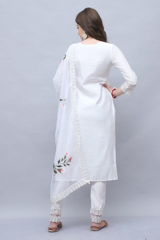 White Women Poly Silk Brush Painted Kurta & Pant With Dupatta