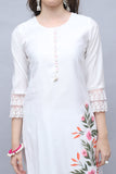 White Women Poly Silk Brush Painted Kurta & Pant With Dupatta