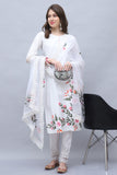 White Women Poly Silk Brush Painted Kurta & Pant With Dupatta