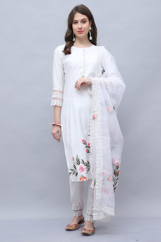 White Women Poly Silk Brush Painted Kurta & Pant With Dupatta