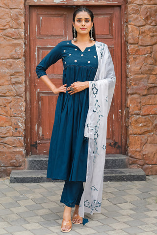 Women's Teal Blue Poly Silk Embroidered Anarkali Kurta & Pant With Dupatta