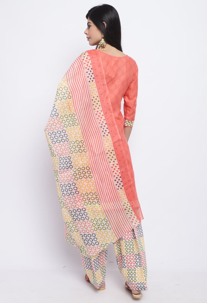 Peach Polyester Cotton Printed Salwar Suit with Dupatta