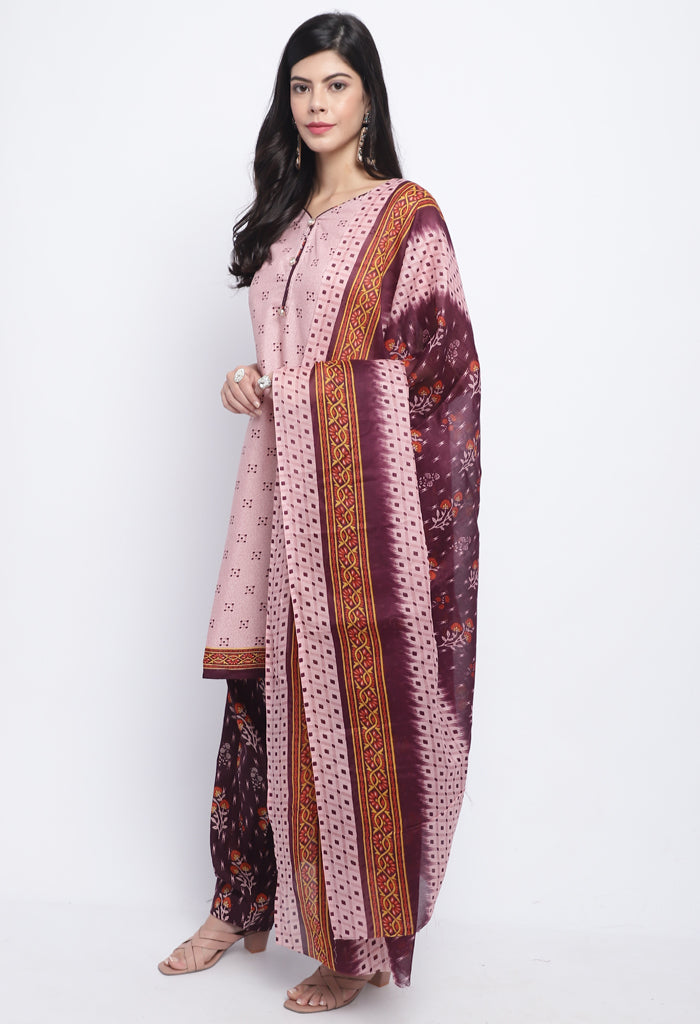 Dusty Pink Polyester Cotton Printed Salwar Suit with Dupatta
