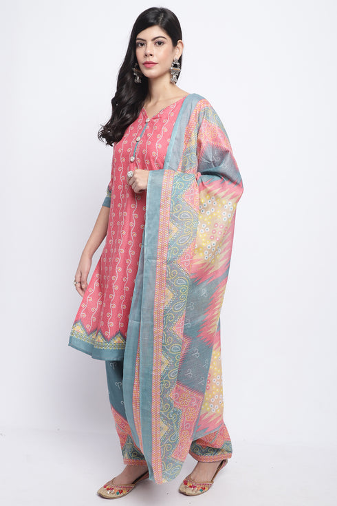 Peach Cotton Blend Printed Ready to Wear Patiala Salwar Suit
