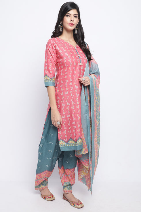 Peach Cotton Blend Printed Ready to Wear Patiala Salwar Suit