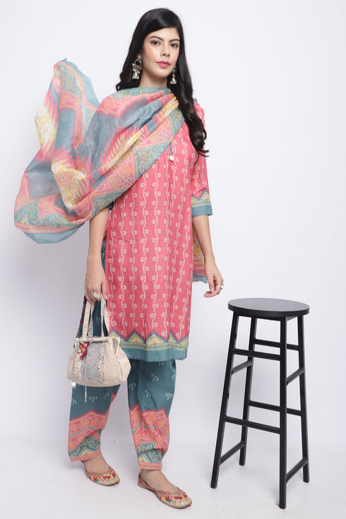Peach Cotton Blend Printed Ready to Wear Patiala Salwar Suit