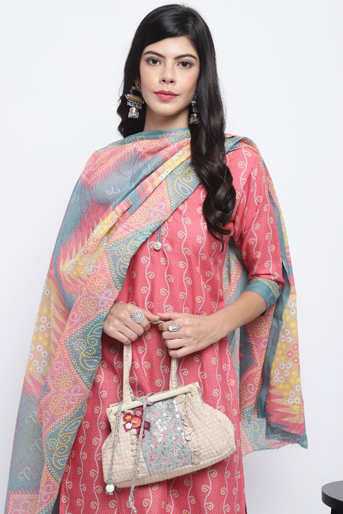 Peach Cotton Blend Printed Ready to Wear Patiala Salwar Suit