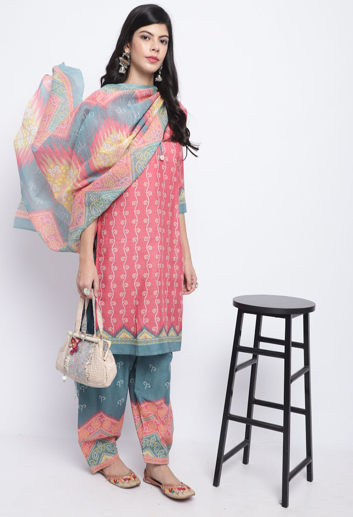 Peach Polyester Cotton Printed Salwar Suit with Dupatta