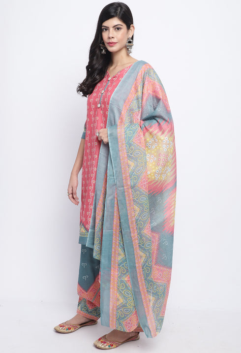 Peach Polyester Cotton Printed Salwar Suit with Dupatta