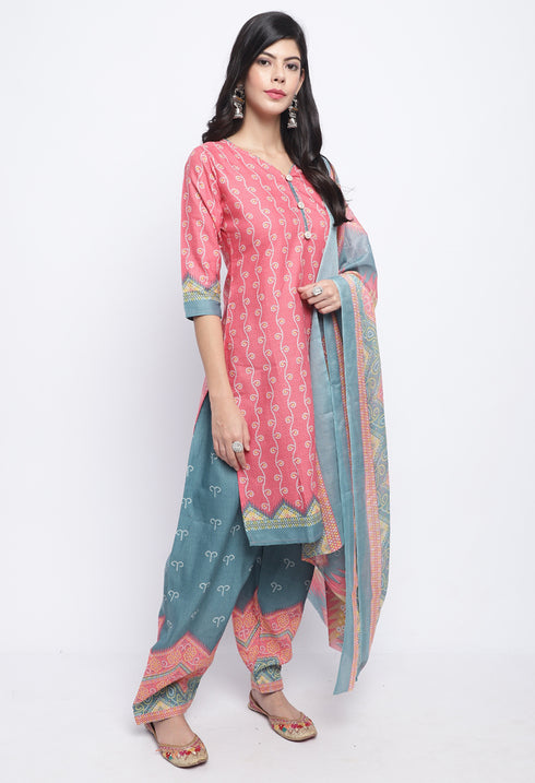 Peach Polyester Cotton Printed Salwar Suit with Dupatta