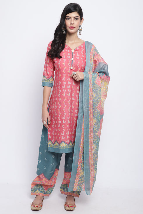 Peach Cotton Blend Printed Ready to Wear Patiala Salwar Suit