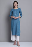 Teal Blue Cotton Woven Kurti