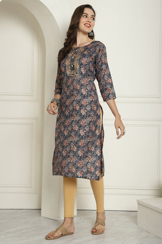 Grey Cotton Blend Foil Printed Kurti