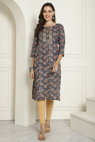 Grey Cotton Blend Foil Printed Kurti