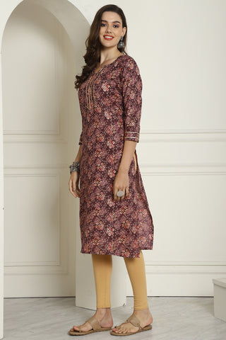 Wine Cotton Blend Foil Printed Kurti