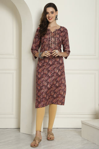 Wine Cotton Blend Foil Printed Kurti