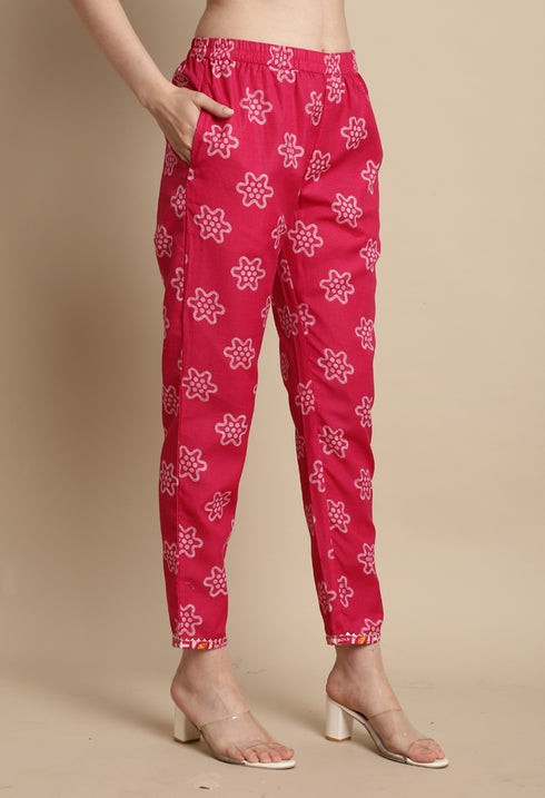 Pink Cotton Blend Jaipuri Printed Kurta With Pant & Dupatta