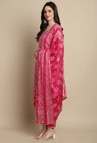 Pink Cotton Blend Jaipuri Printed Kurta With Pant & Dupatta