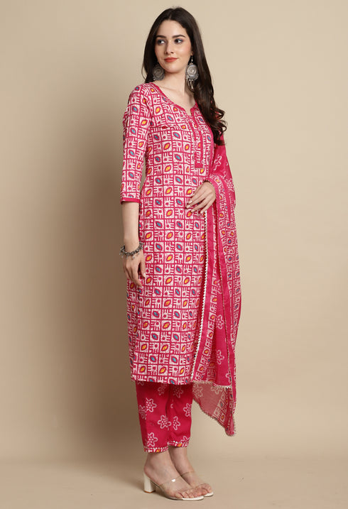 Pink Cotton Blend Jaipuri Printed Kurta With Pant & Dupatta