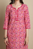 Pink Cotton Blend Jaipuri Printed Kurta With Pant & Dupatta