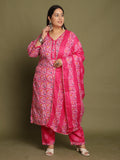 Pink Cotton Blend Jaipuri Printed Plus Size Kurta & Pant With Dupatta