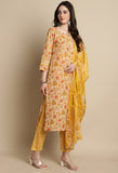 Yellow & Orange Cotton Blend Jaipuri Printed Kurta With Pant & Dupatta