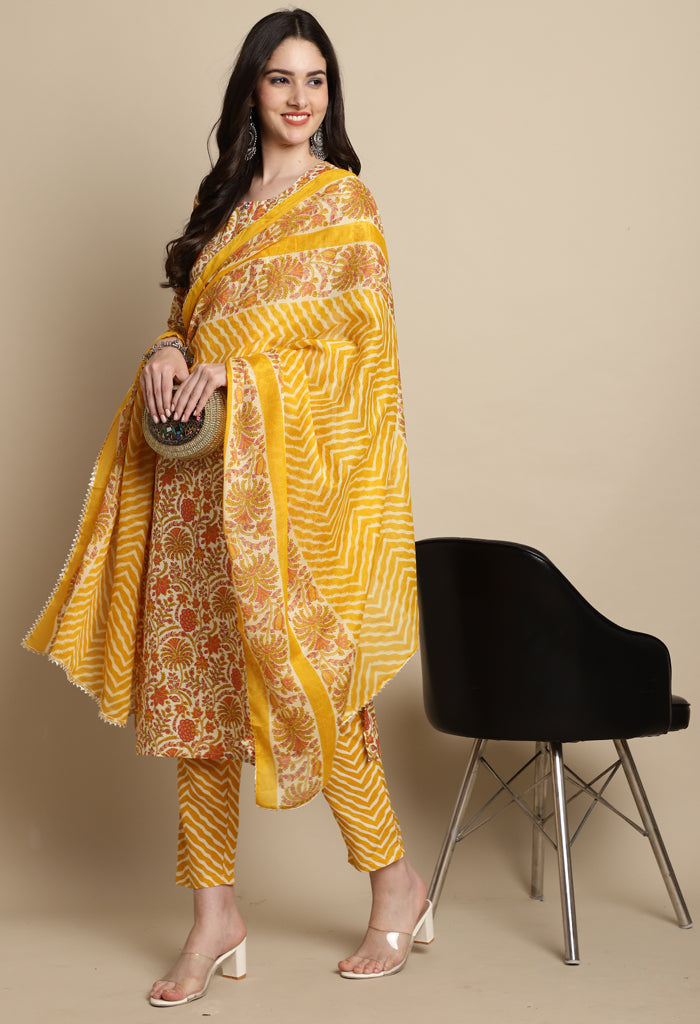 Yellow & Orange Cotton Blend Jaipuri Printed Kurta With Pant & Dupatta