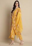 Yellow & Orange Cotton Blend Jaipuri Printed Kurta With Pant & Dupatta