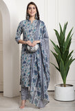 Grey & Green Cotton Blend Jaipuri Printed Kurta With Pant & Dupatta