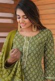 Mahendi Green & White PC Cotton Jaipuri Printed Kurta With Pant & Dupatta