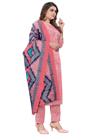 Light Pink PC Cotton Embroidered Straight Kurta & Pant With Dupatta