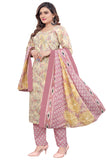 Cream & Dusty Pink PC Cotton Embroidered Straight Kurta & Pant With Dupatta