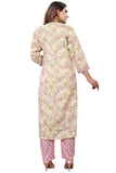 Cream & Dusty Pink PC Cotton Embroidered Straight Kurta & Pant With Dupatta