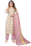 Cream & Dusty Pink PC Cotton Embroidered Straight Kurta & Pant With Dupatta