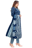 Navy Blue & White PC Cotton Embroidered Straight Kurta & Pant With Dupatta