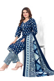 Navy Blue & White PC Cotton Embroidered Straight Kurta & Pant With Dupatta