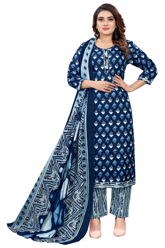 Navy Blue & White PC Cotton Embroidered Straight Kurta & Pant With Dupatta