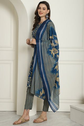 Teal Blue & Beige Cotton Blend Embroidered Straight Kurta & Pant With Dupatta