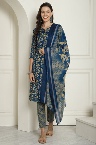 Teal Blue & Beige Cotton Blend Embroidered Straight Kurta & Pant With Dupatta