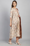 Beige & Brown Cotton Embroidered A- Line Kurta & Pant With Dupatta