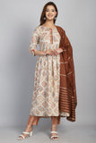 Beige & Brown Cotton Embroidered A- Line Kurta & Pant With Dupatta