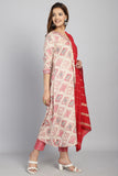 Beige & Pink Cotton Embroidered A- Line Kurta & Pant With Dupatta